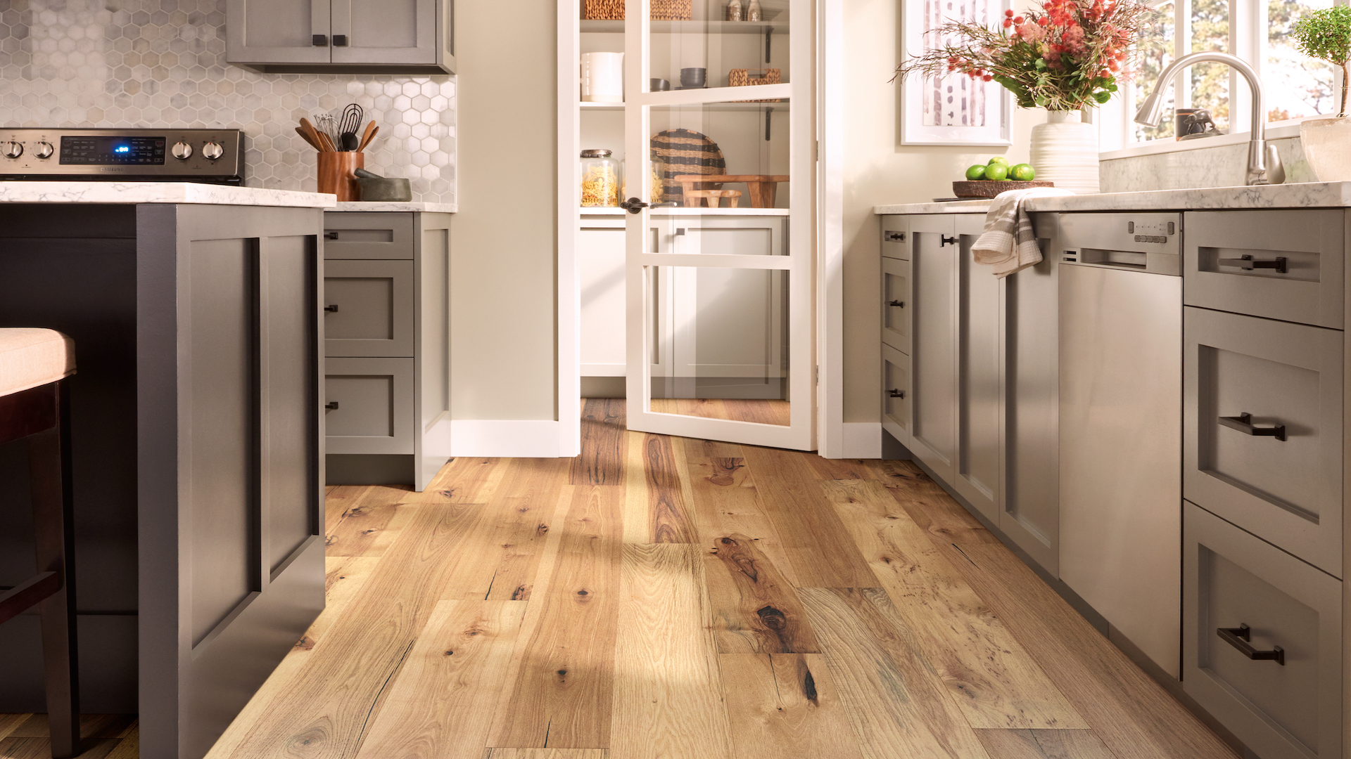 hardwood flooring in a bright rustic kitchen 
