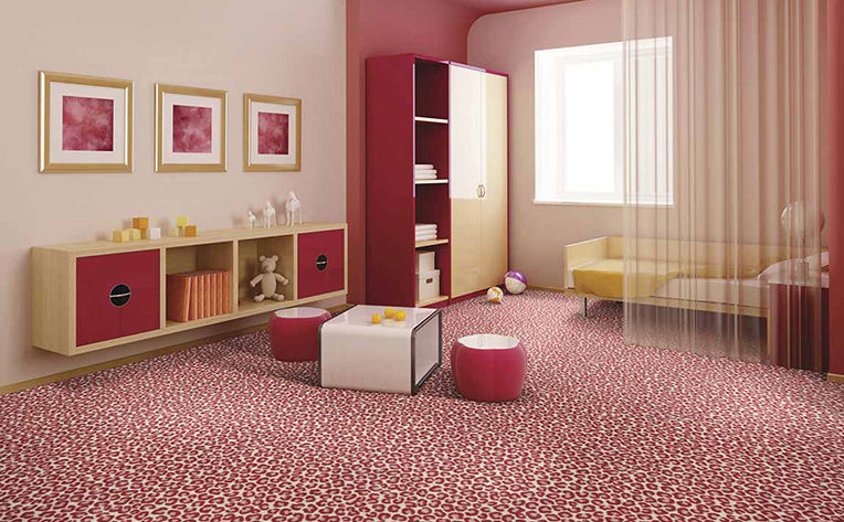 80s styled living room with red accented flooring and decor